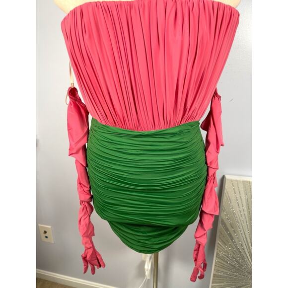 Alex Perry Ruched Strapless Jersey Pink and Green Mini Dress with Gloves Size 6 - Picture 8 of 13